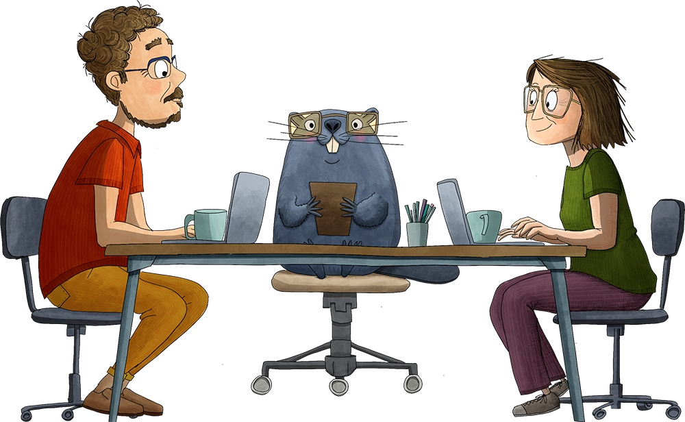 Illustration: Individuelles Webdesign für Selbstständige – Pixelbiber im Beratungsgespräch