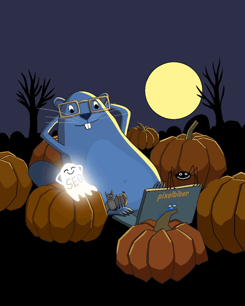 Pixelbiber chillt mit Geist im Kürbisfeld